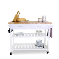 Kitchen Island Trolley Cart With Open Shelves  Solid Rubberwood Counter Top White